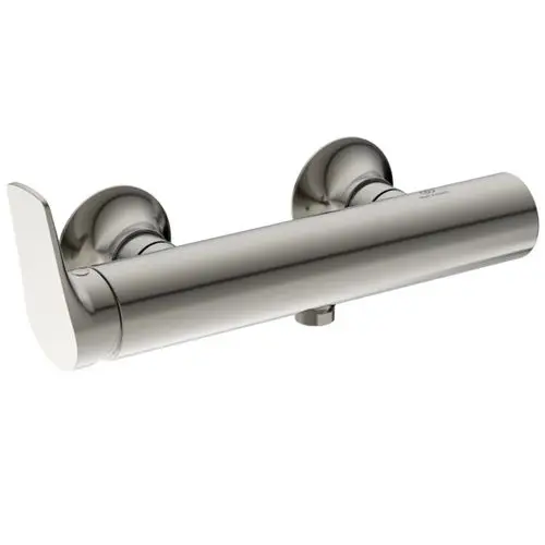 Brausearmatur von Ideal Standard mit runder Form und zwei Hebeln zur Temperatur- und Wassermengenregulierung. Aus glänzendem Metall gefertigt, für Wandmontage geeignet.
